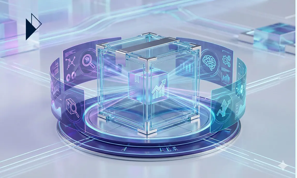 A transparent glass box on a platform surrounded by holographic icons of a brain, gears, and data growth charts.