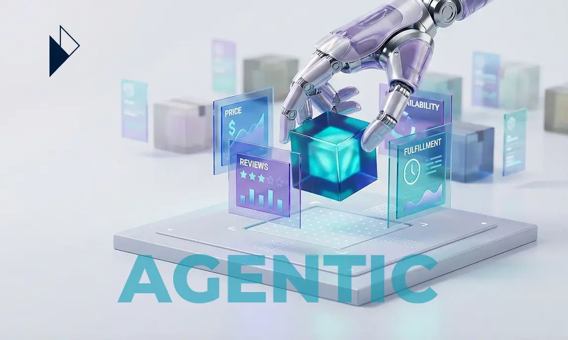 A robotic hand selects a data cube surrounded by interfaces for price, reviews, availability, and fulfillment above the text AGENTIC.