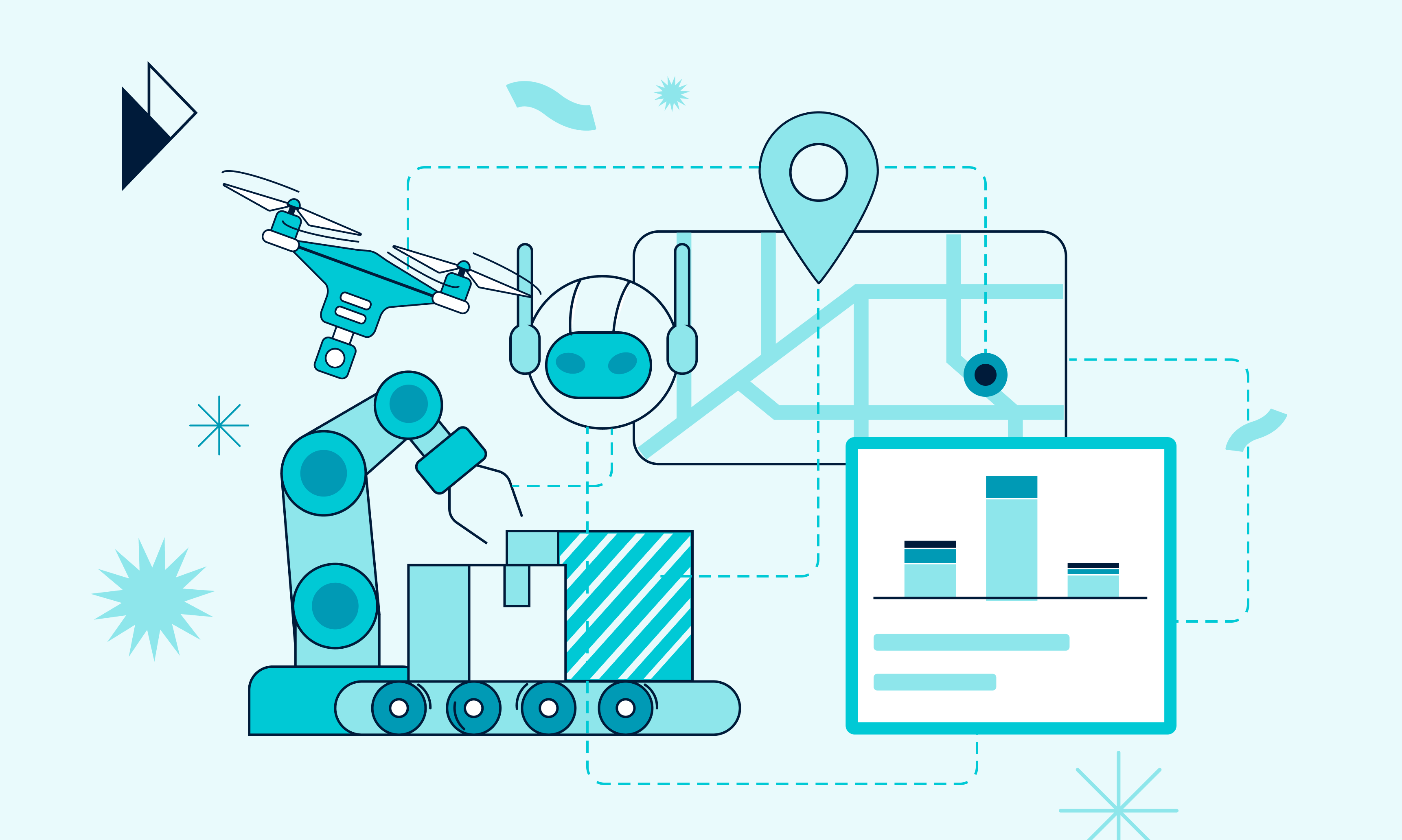 Peak season logistics cause chaos for e-commerce. Data-driven logistics optimize carrier selection, streamline operations, reduce costs and enhance customer experience. This image seamlessly illustrates the concept of automated logistics, where a drone represents swift deliveries, a robotic arm signifies automated warehousing, and an AI assistant symbolizes efficient customer service. A map with a location pin highlights real-time shipment tracking, while a conveyor belt depicts the smooth flow of goods through the logistics process. Finally, a data chart emphasizes the crucial role of analytics in optimizing operations and driving informed decisions.