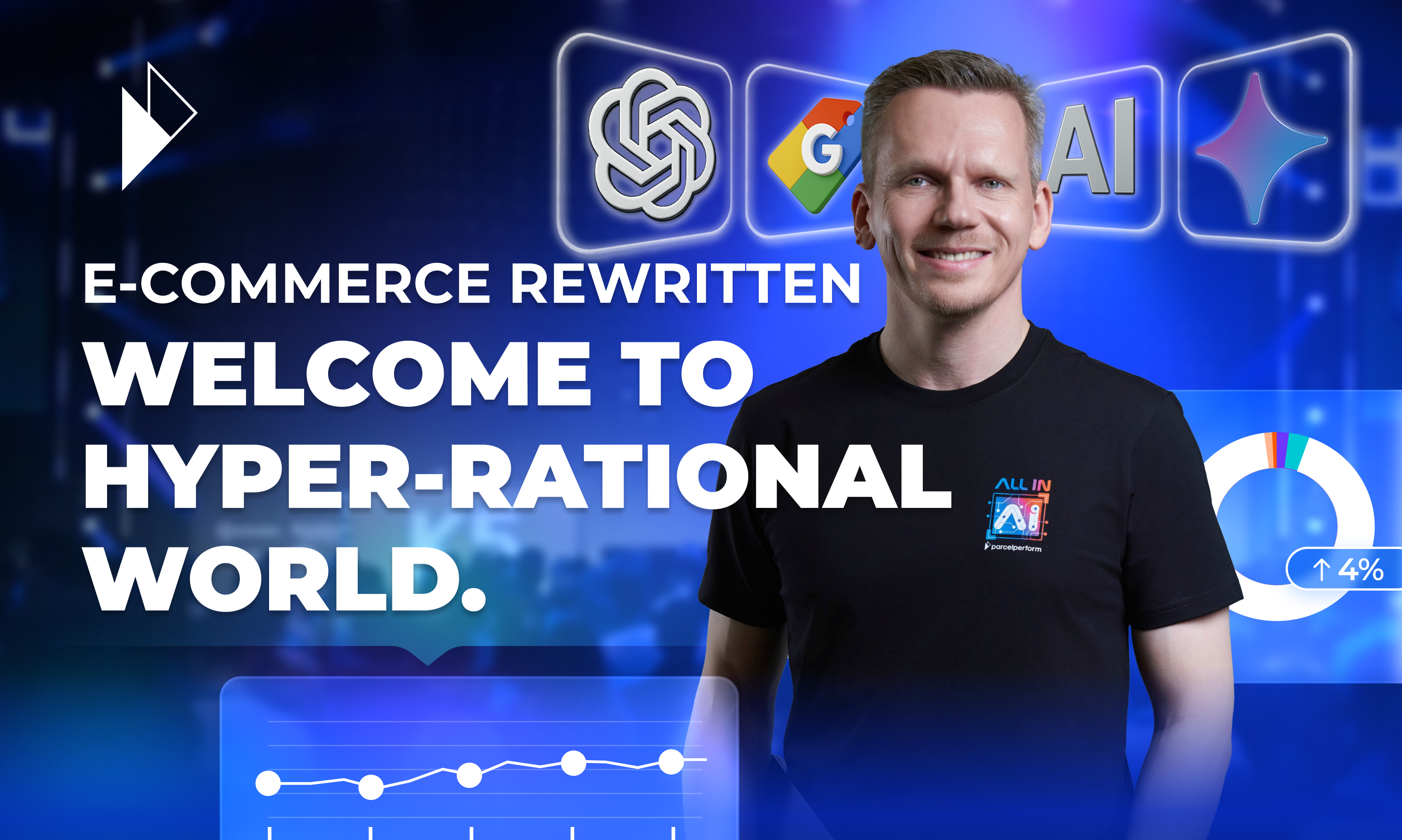 Dr. Arne Jeroschewski, CEO of Parcel Perform, stands confidently in front of a digital background with logos for OpenAI and Google. A large headline on the image reads: "E-COMMERCE HAS BECOME HYPER-RATIONAL." The background includes data charts, symbolizing the article's theme of data-driven AI commerce. Summary of article: The rules of e-commerce are changing. In a new hyper-rational world, AI makes purchasing decisions based on pure data, not marketing. Learn how to win.