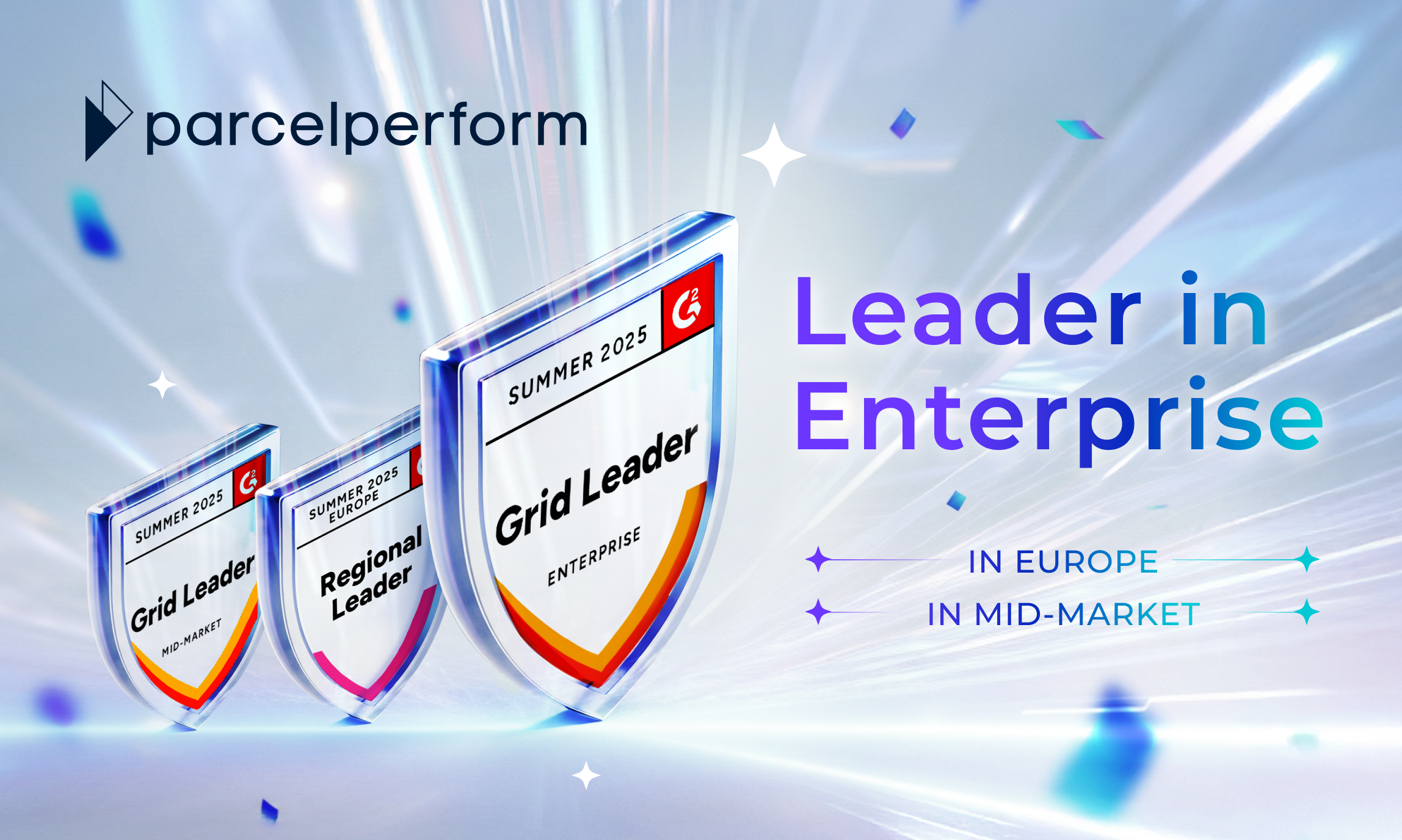 The image displays a stylized G2 badge that reads "SUMMER 2025 EUROPE Regional Leader". To the right of the badge, the text "#1 IN EUROPE" is clearly visible, with the Parcel Perform logo at the top. The image visually represents Parcel Perform's achievement of being ranked the #1 Regional Leader in Europe by G2 in their Summer 2025 Reports.