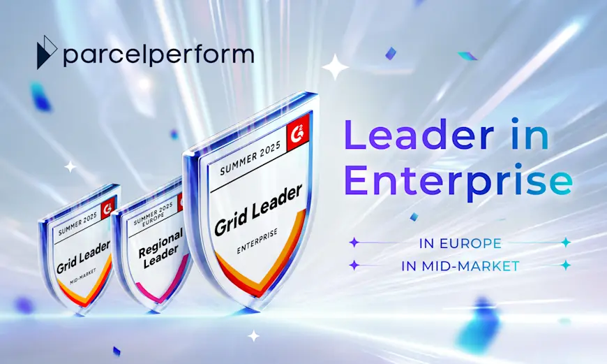 The image displays a stylized G2 badge that reads "SUMMER 2025 EUROPE Regional Leader". To the right of the badge, the text "#1 IN EUROPE" is clearly visible, with the Parcel Perform logo at the top. The image visually represents Parcel Perform's achievement of being ranked the #1 Regional Leader in Europe by G2 in their Summer 2025 Reports.