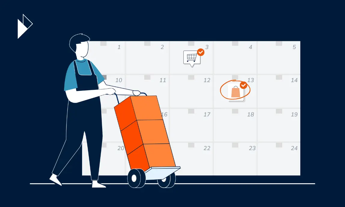 Parcel Perform's predict feature can provide high accuracy on delivery date or order arrival date. The abstract image depicts a delivery man delivering orders, and a calendar to show accurate arrival date or EDD.  