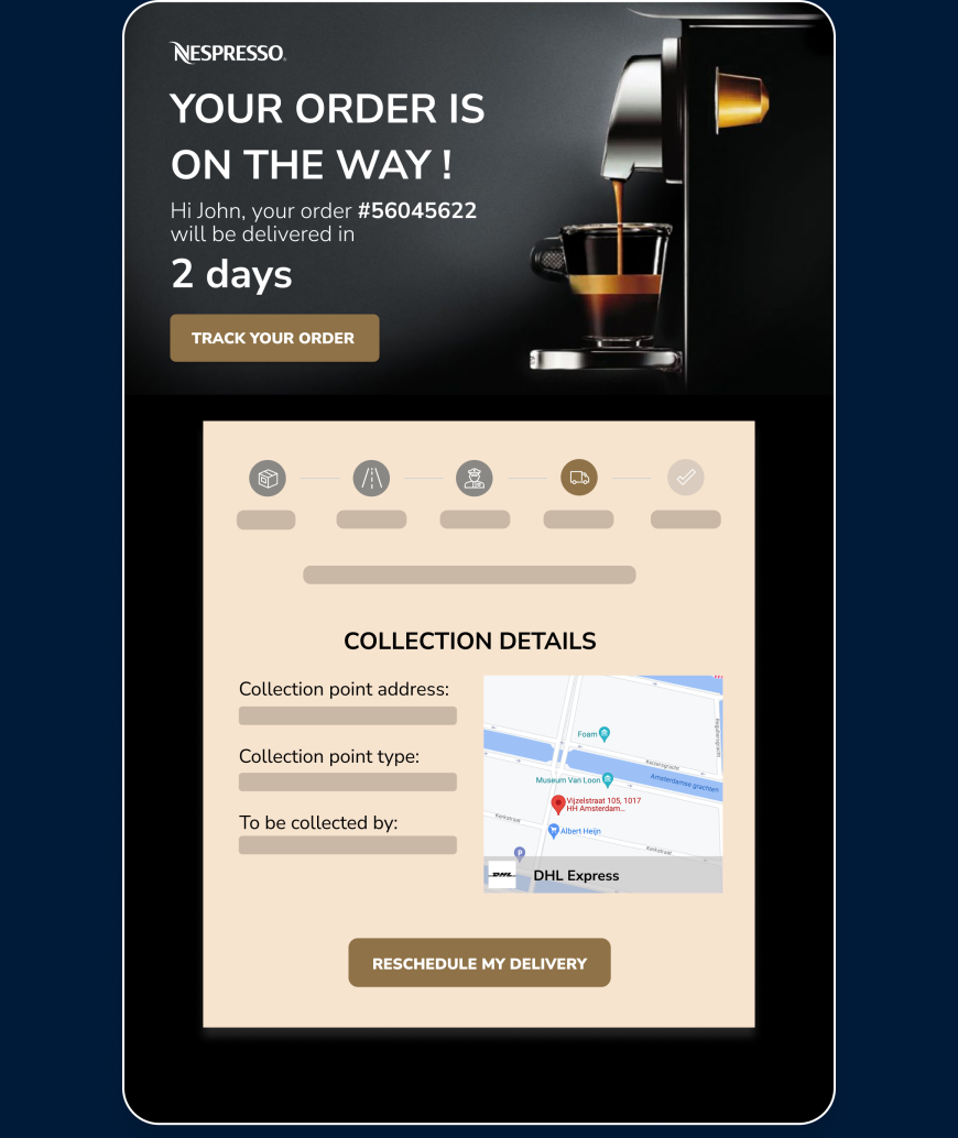 Parcel Perform customer Nespresso's delivery update with collection details and buttons to track or reschedule delivery