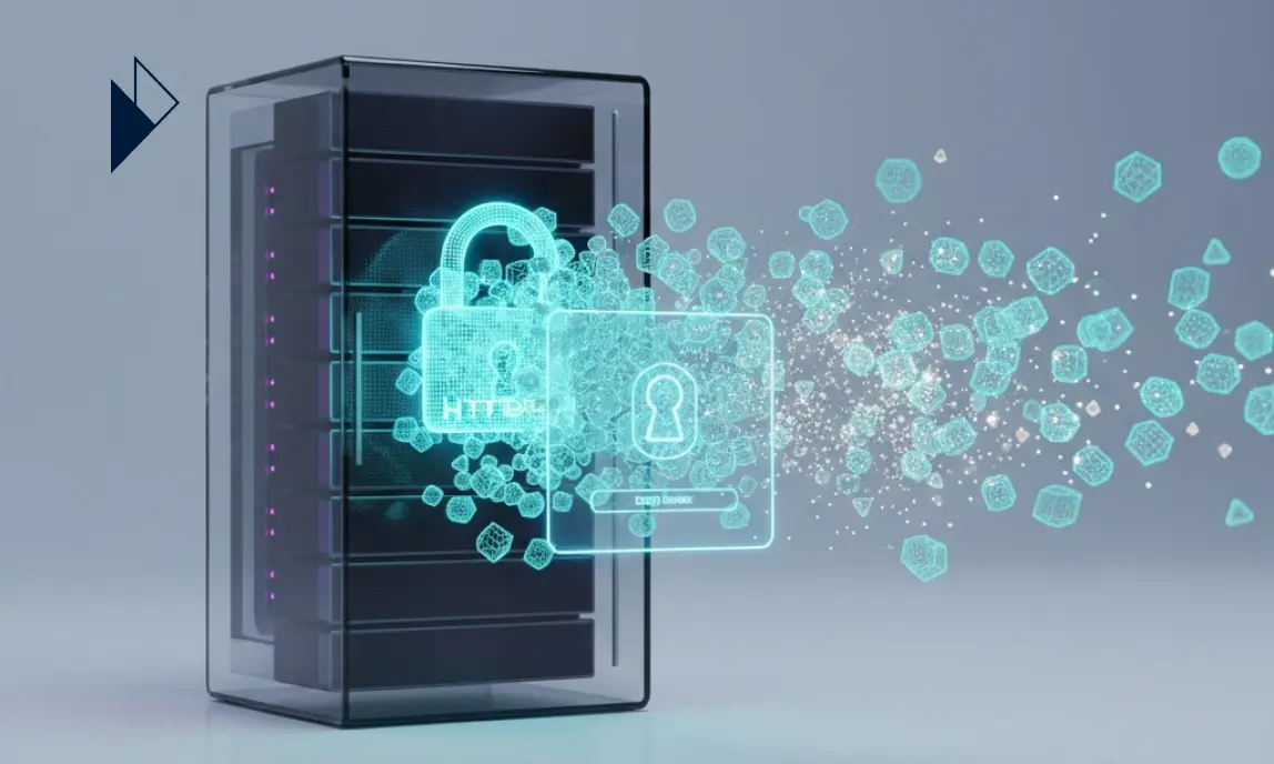 3D render of a server tower with glowing data cubes flying outward and two holographic HTTPS padlock icons in front.