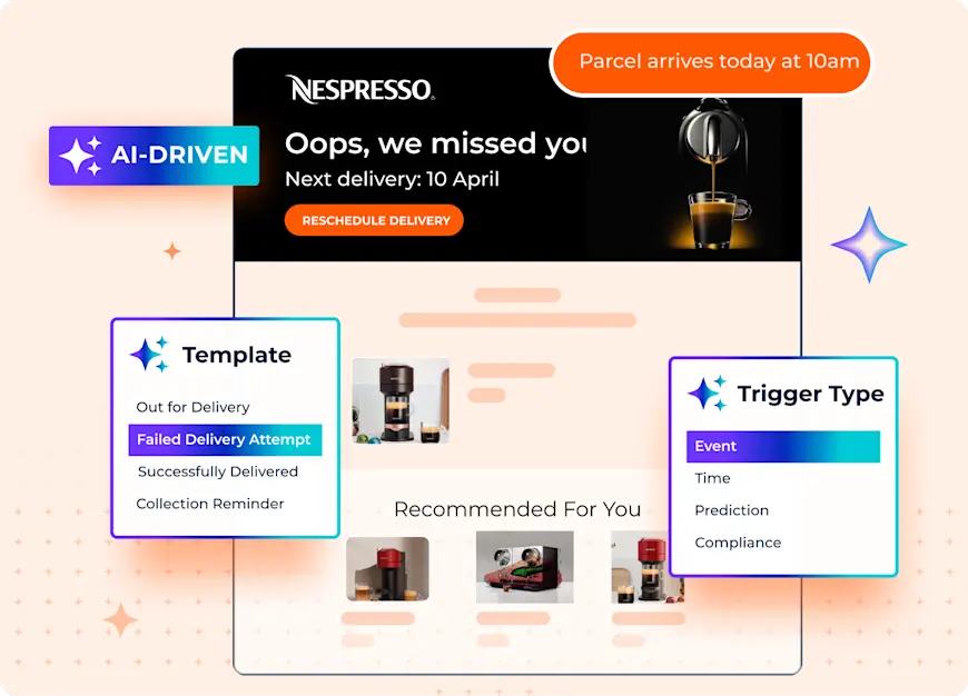 Parcel Perform post-purchase branded notification for customer Nespresso, showing AI-Driven templates and proactive notifications for delivery delay