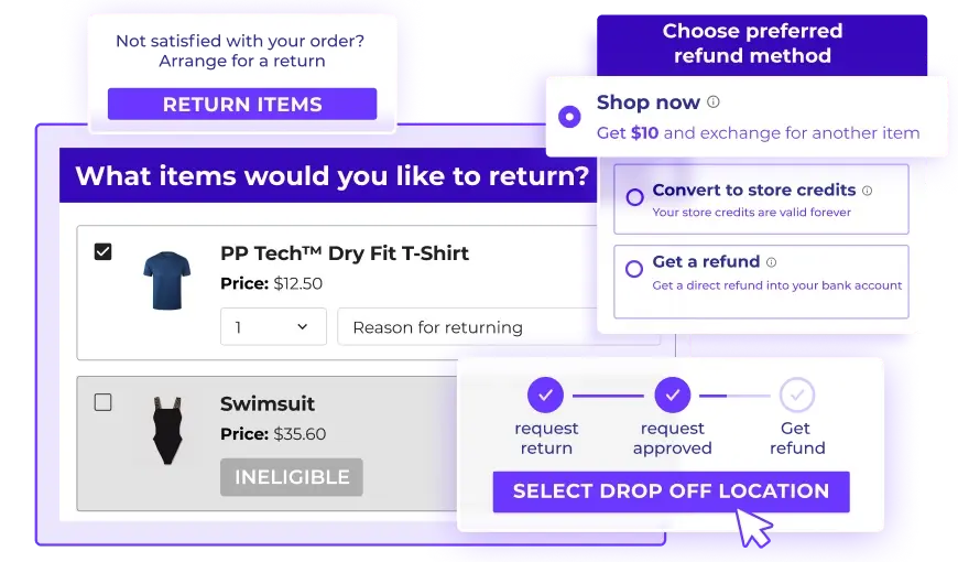 An intuitive self-service returns portal that reduces WISMR, featuring return methods and drop off selection