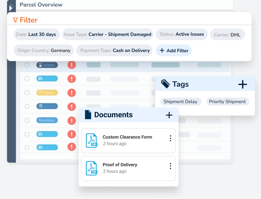 Parcel Perform parcel overview page with custom search filters, tags and supporting documents for customer service