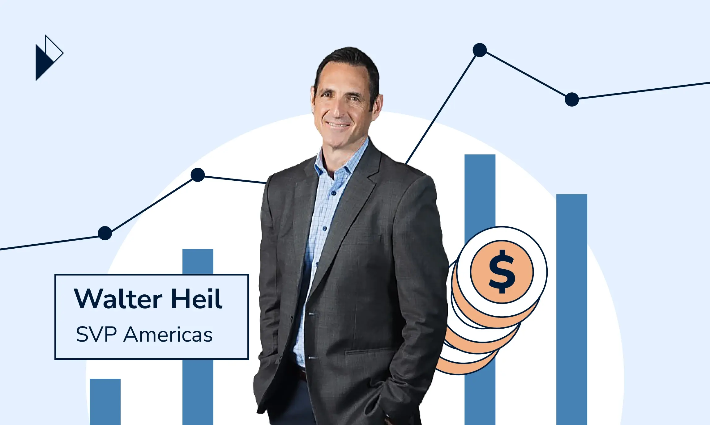 This image is for a blog post announcing the onboarding of industry veteran, Walter Heil as Parcel Perform's new Senior Vice President of Sales of Americas. This image has a photo of Walter, with some abstract business growth icons in the background, including charts, and coins. The image also includes Walter's name and current title at Parcel Perform. 