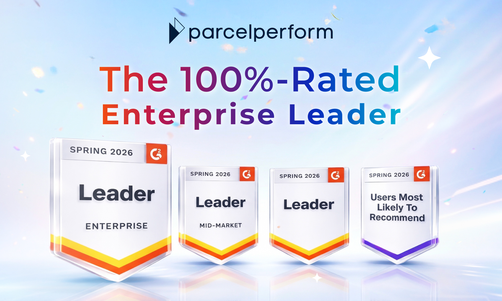 Four G2 Spring 2026 Leader badges displayed below the text 'parcelperform The 100%-Rated Enterprise Leader'.