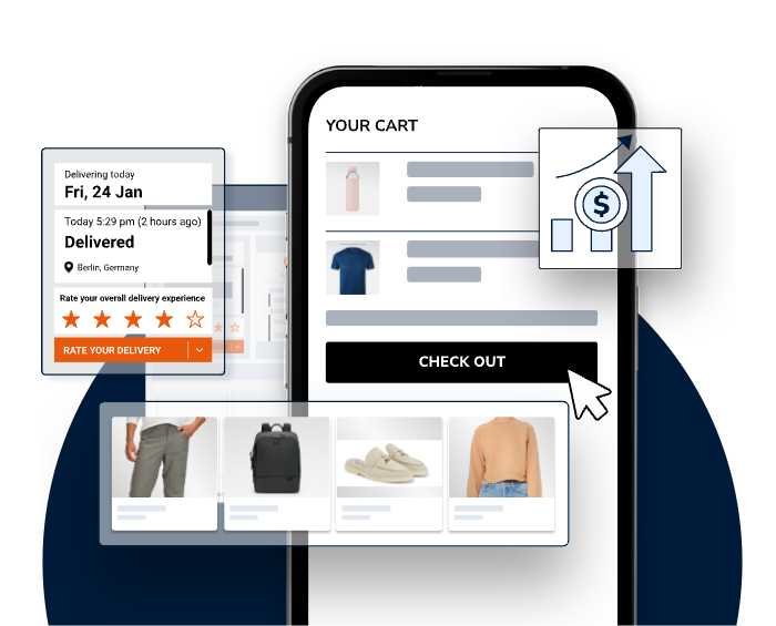 Mobile checkout page for e-commerce brand with parcel date-of-arrival prediction and rating function.
