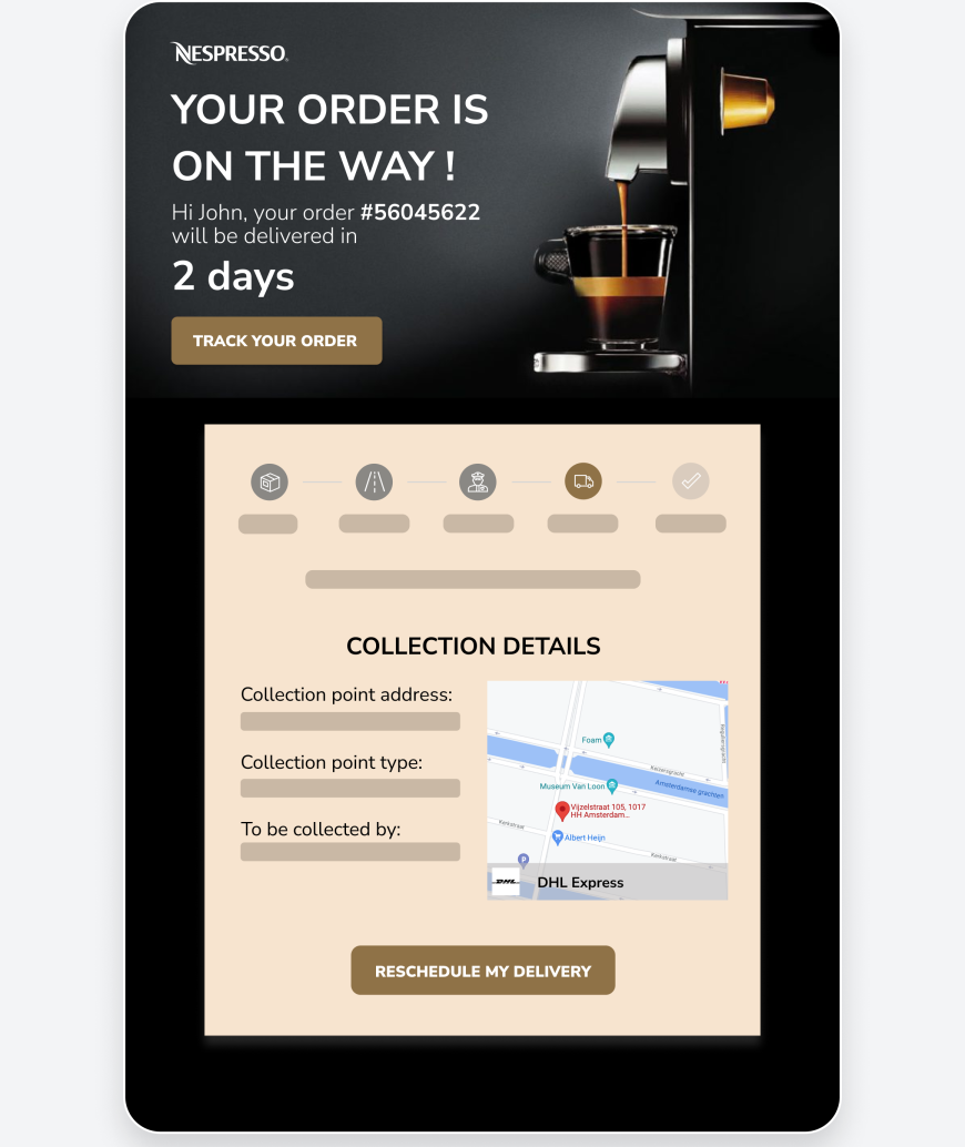 Parcel Perform Nespresso tracking page showing flexible options for delivery notification in a dropdown menu
