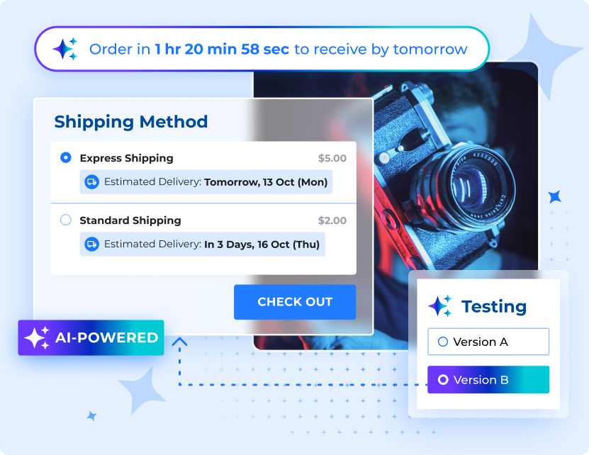 Parcel Perform Checkout Experience interface showing AI-Powered features like A/B testing capabilities for checkout shipping methods