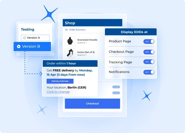 Product checkout page, checkout pages and tracking pages with clear estimated delivery dates to supercharge conversions.