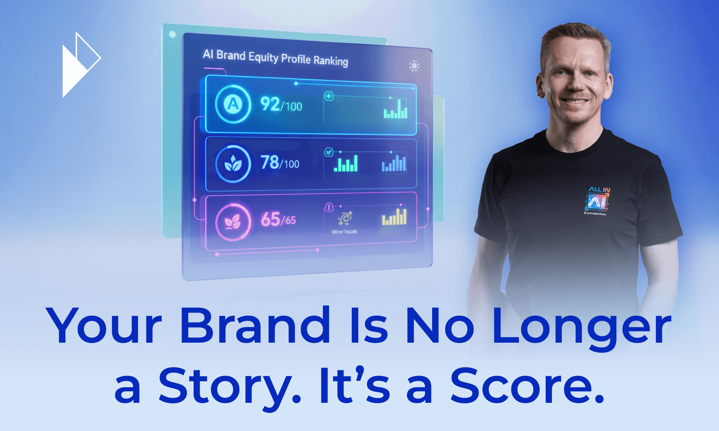 Accessible Image Meta Description and Summary
Image Description: A professional man stands confidently next to a floating, futuristic holographic interface labeled "AI Brand Equity Profile Ranking." The dashboard displays various metrics with high scores, such as "92/100" and "78/100," alongside bar graphs. Below the graphics, large blue text reads, "Your Brand Is No Longer a Story. It's a Score." This visual reinforces the article's core thesis that AI-driven data analysis is replacing subjective branding.
Article Summary: This article argues that the era of "brand storytelling" is ending, replaced by "AI Commerce" where AI agents make purchasing decisions based on verifiable data rather than emotion. It introduces the concept of an "Objective Reputation Score," calculated by AI based on operational metrics like on-time delivery, product quality, and data transparency. Consequently, the responsibility for brand building is shifting from marketing departments to operations and logistics teams, making operational excellence the new primary driver of brand equity.