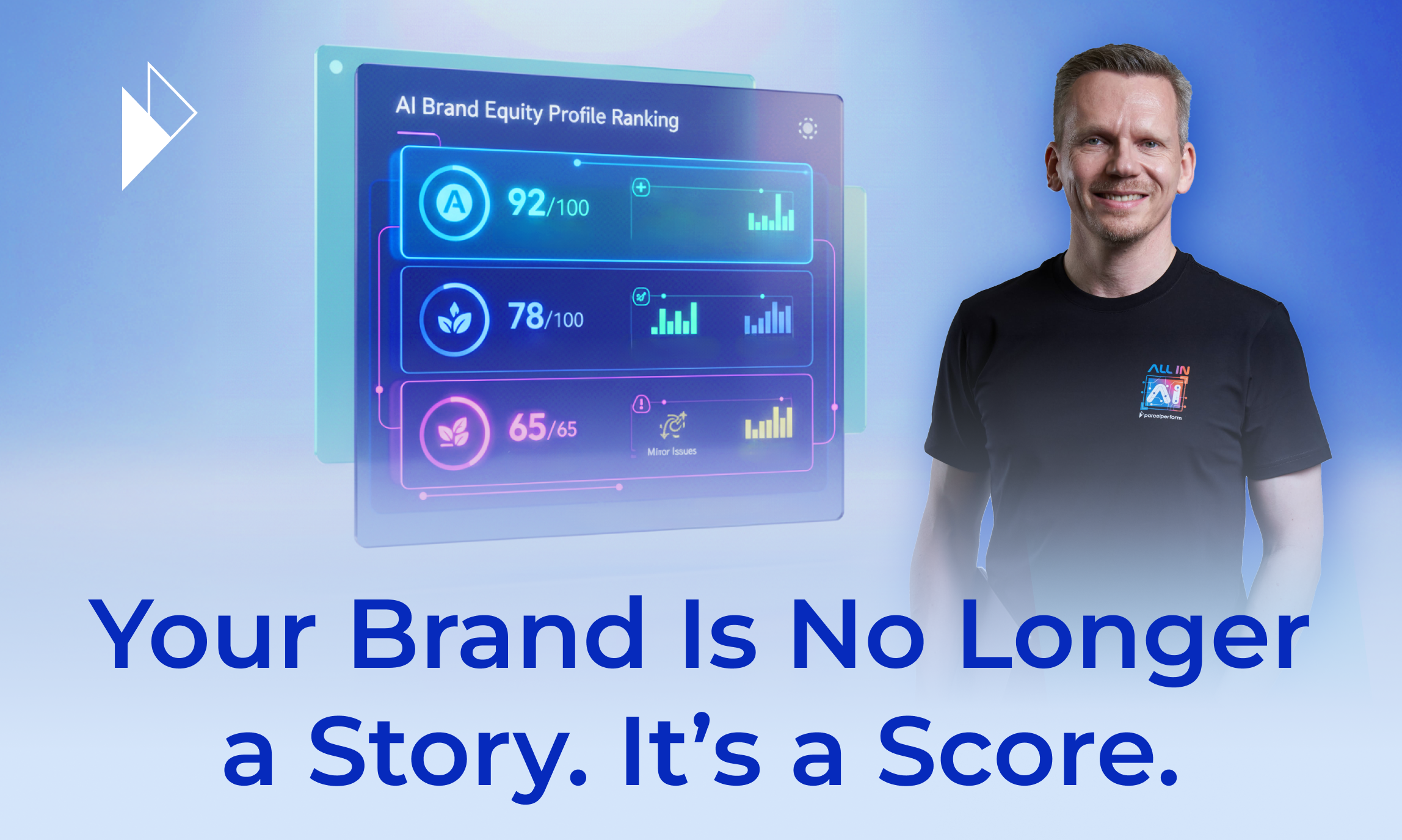 Accessible Image Meta Description and Summary
Image Description: A professional man stands confidently next to a floating, futuristic holographic interface labeled "AI Brand Equity Profile Ranking." The dashboard displays various metrics with high scores, such as "92/100" and "78/100," alongside bar graphs. Below the graphics, large blue text reads, "Your Brand Is No Longer a Story. It's a Score." This visual reinforces the article's core thesis that AI-driven data analysis is replacing subjective branding.

Article Summary: This article argues that the era of "brand storytelling" is ending, replaced by "AI Commerce" where AI agents make purchasing decisions based on verifiable data rather than emotion. It introduces the concept of an "Objective Reputation Score," calculated by AI based on operational metrics like on-time delivery, product quality, and data transparency. Consequently, the responsibility for brand building is shifting from marketing departments to operations and logistics teams, making operational excellence the new primary driver of brand equity.