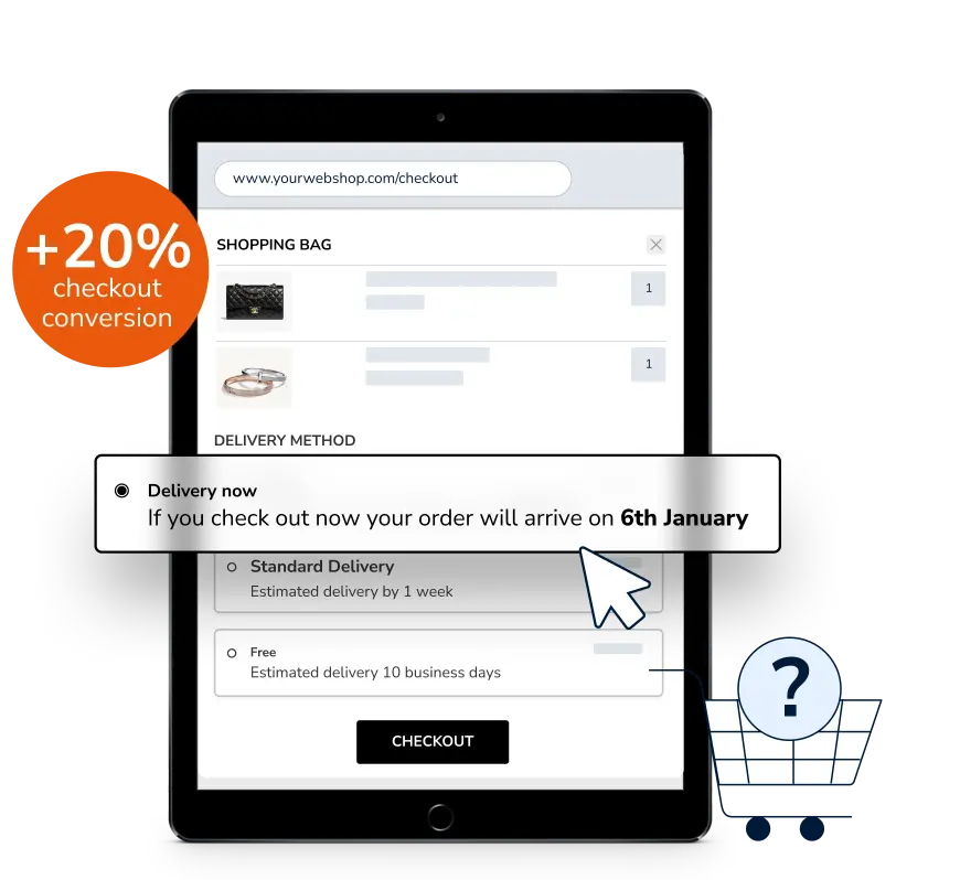 Tablet mockup of a webshop checkout page with high-accuracy arrival dates from Parcel Perform that can improve conversion rates by 20%. 