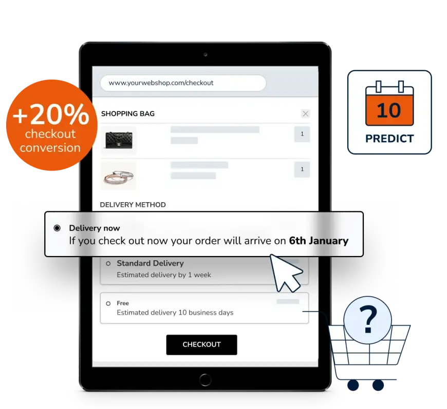 Tablet mockup of a webshop checkout page with high-accuracy arrival dates from Parcel Perform's PREDICT module that can improve conversion rates by 20%. 