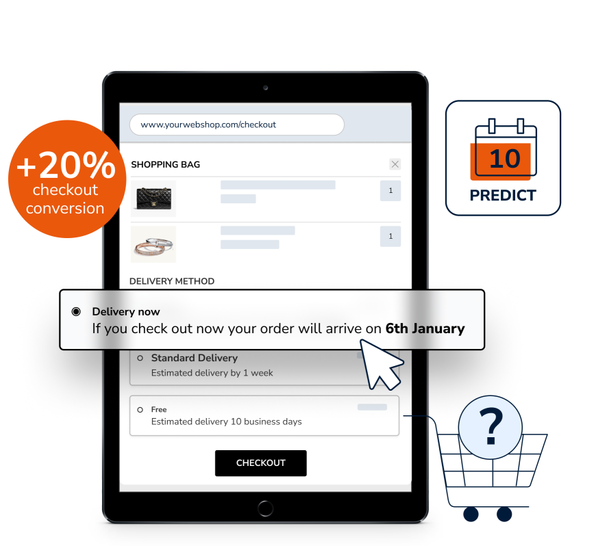 Tablet mockup of a webshop checkout page with high-accuracy arrival dates from Parcel Perform's PREDICT module that can improve conversion rates by 20%. 
