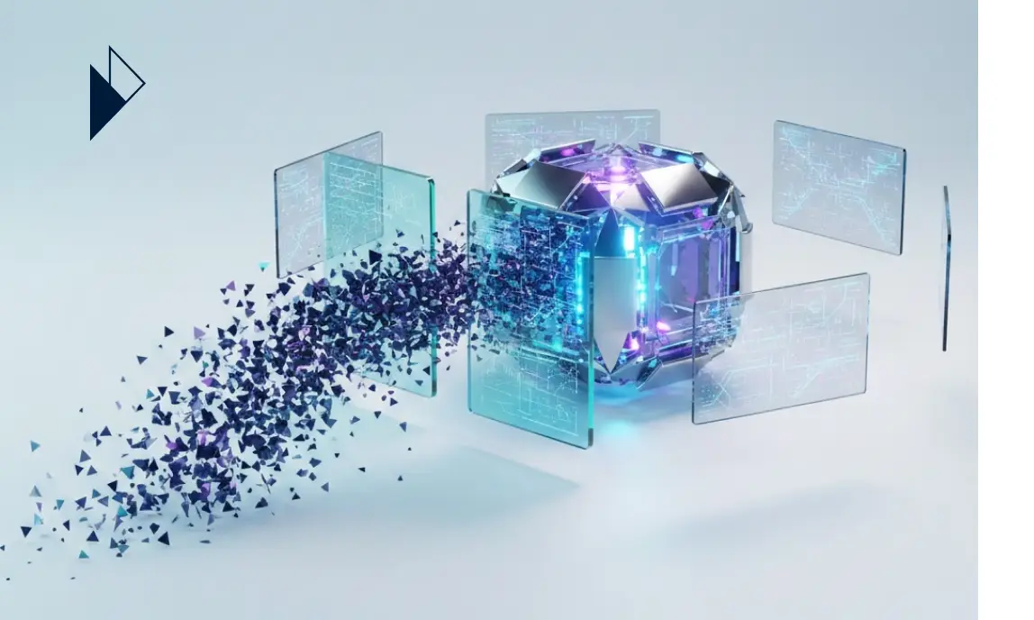 A 3D metallic cube with glowing blue and purple lights, surrounded by floating glass panels and a stream of dark, shattering geometric particles.
