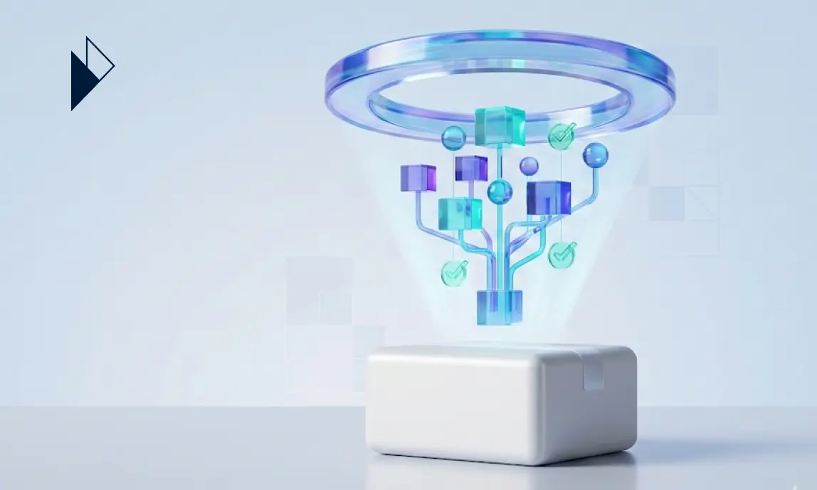 3D illustration showing data blocks and green checkmarks flowing through a transparent digital funnel into a white base.