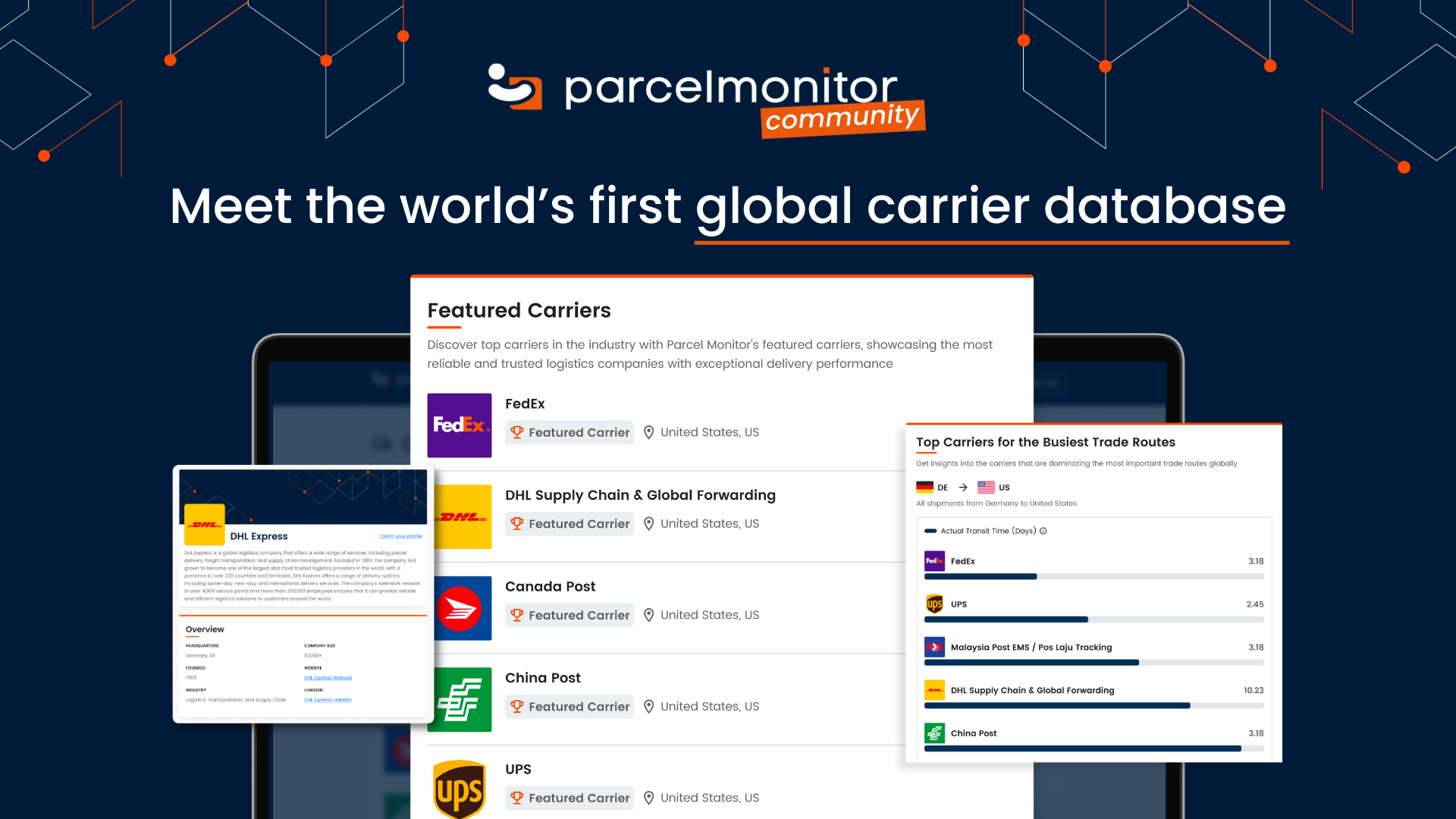 Parcel Monitor just launched world's first global carrier database. This image comprises screenshots of the new product. E-commerce logistics leaders can use this database to compare carrier performance and effectiveness, and make data-driven decisions to find the right partner. 