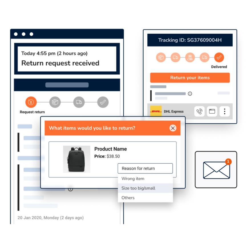 Parcel Perform's order tracking page showing a return request for a black bag being submitted, with a dropdown menu to select the reason for return.