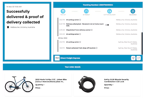 Bikes Online customers input order ID and the postal code to access tracking information including order details