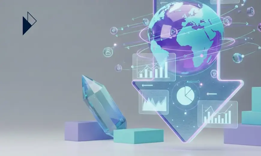 3D illustration of a globe and digital charts floating within a large, neon-outlined downward pointing arrow.