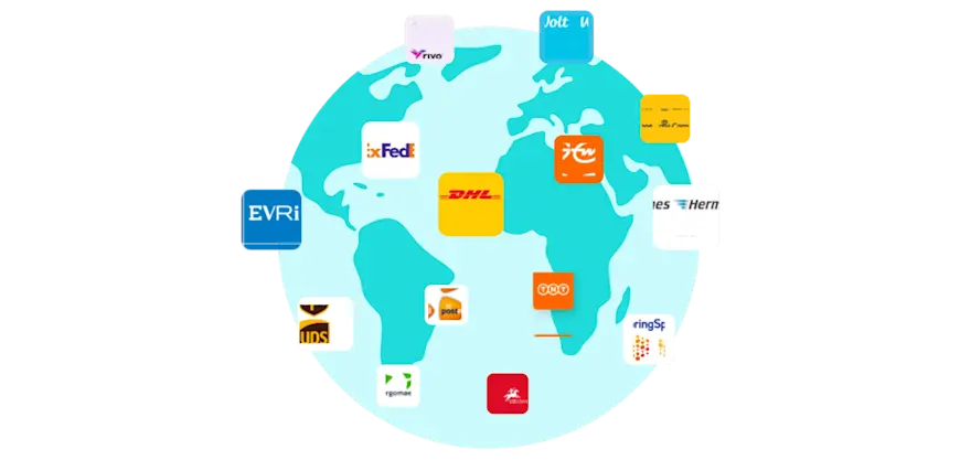 Parcel Perform global carrier network with DHL, FedEx, UPS, TNT and EVRi logos showing multi-carrier coverage.