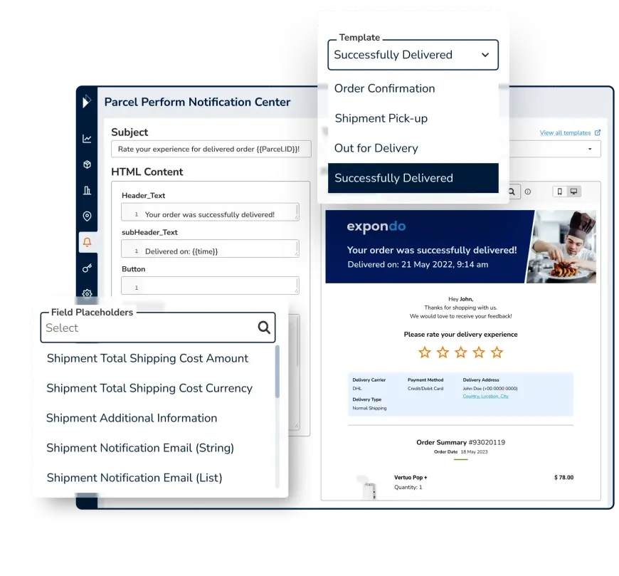 Parcel Perform notification center showing an editable email notification template with customizable subject line and HTML content with several field placeholder options and email live preview on the side.