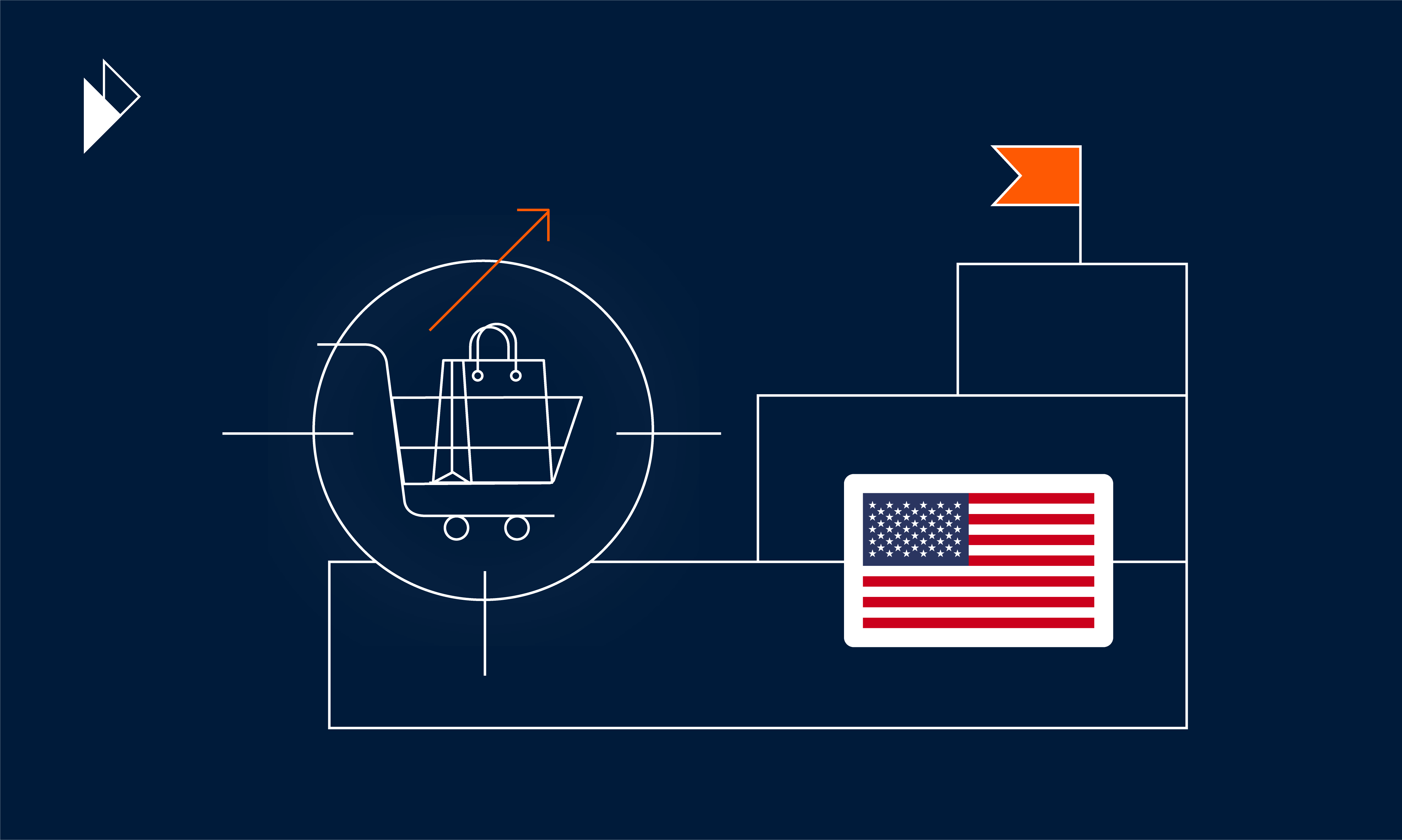 This is the header image for a blog post. Topic is US e-commerce logistics. Post provides insights and data into the US e-commerce logistics market. It also provides advice on how to leverage data to prepare an e-commerce business for future challenges and opportunities. Image is an abstract design that includes a shopping cart, charts, and the USA flag.  