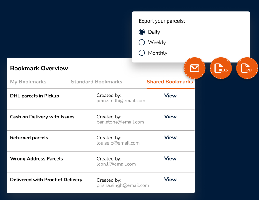 Parcel Perform bookmark feature that shows a parcel overview along with a report export function