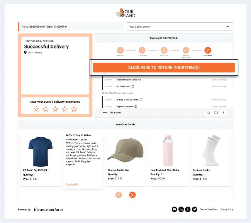 Parcel Perform's tracking widget seamlessly transitions into a returns widget for existing customers