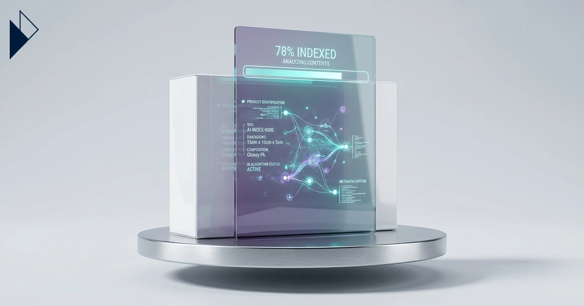 Abstract visualization of AI bot crawling e-commerce product data nodes on a 6-day frequency cycle.