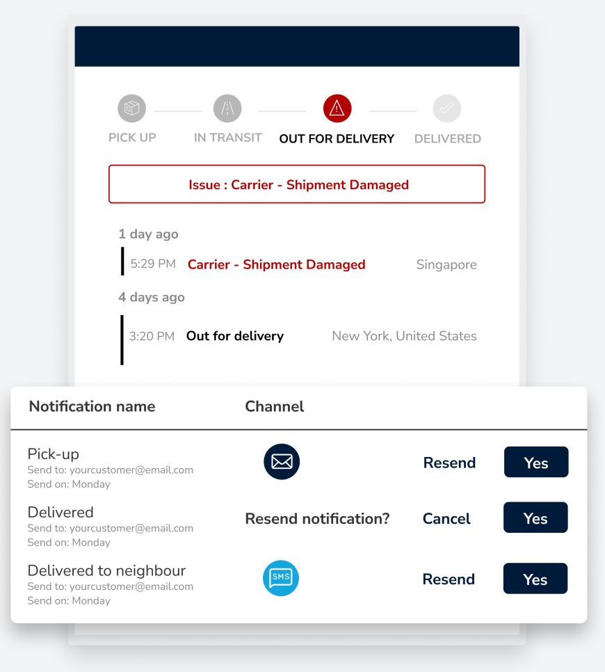 Parcel Perform parcel overview showing a delivery issue with option to resend notification for customer service