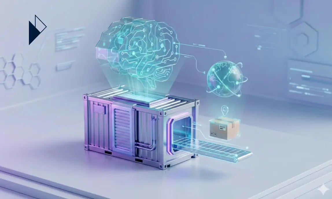 3D illustration of a futuristic shipping container with a glowing digital brain above it and a package on a conveyor.