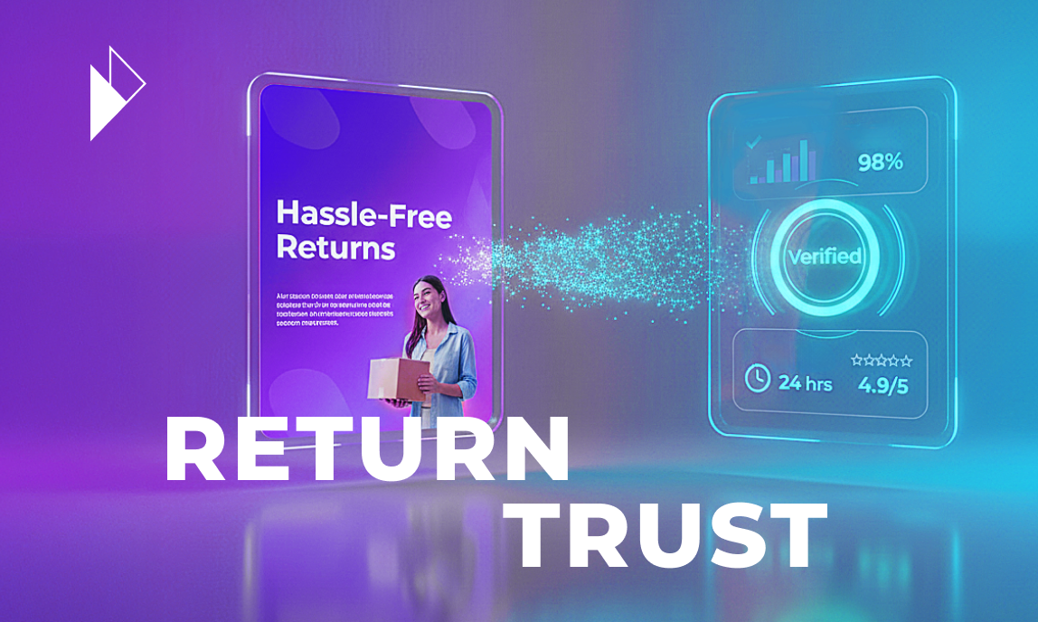 Accessible Image Meta Description and Summary
An abstract image showing a returns portal on the left ("Hassle-Free Returns") sending data particles to a futuristic dashboard on the right, which displays "Verified" and high-performance metrics (98%, 24 hrs). This visualizes the article's theme of "RETURN TRUST": turning a returns promise into a verifiable, AI-audited trust signal.

Article Summary: The article argues that in the era of AI Commerce, AI agents audit the actual performance of a brand's returns operation, not its marketing promise. This "Returns Trust Gap" damages AI rankings. Brands must use modern platforms to create verifiable trust signals, turning reverse logistics from a cost center into a retention driver.