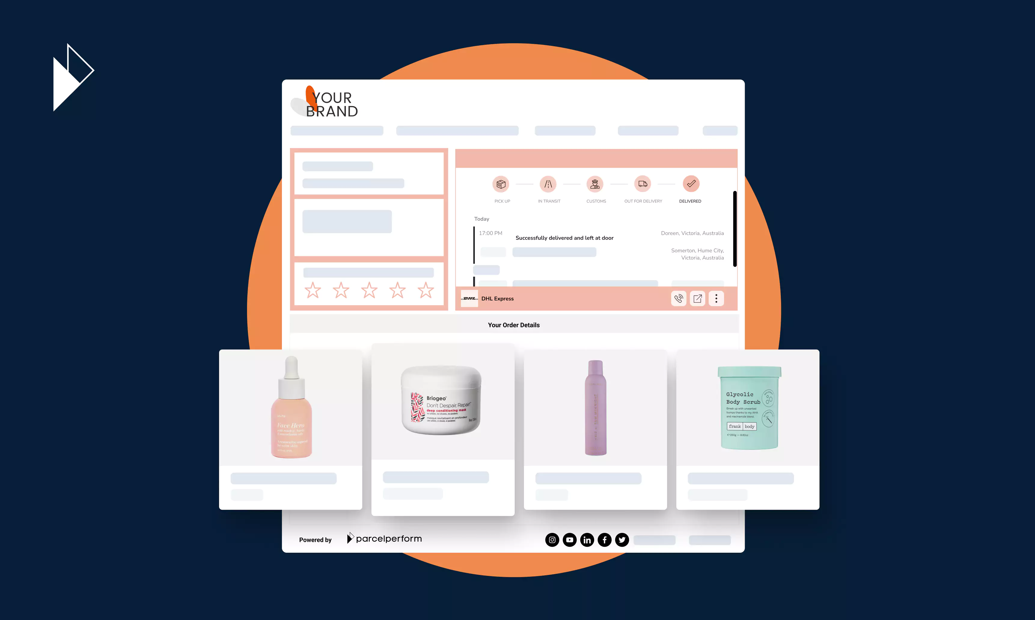 Parcel Perform's premium tracking page, a tracking widget embedded into a brand's website. It also displays items that are being sent in a single order. Each time a customer checks the delivery status, they can also see the items they ordered. 