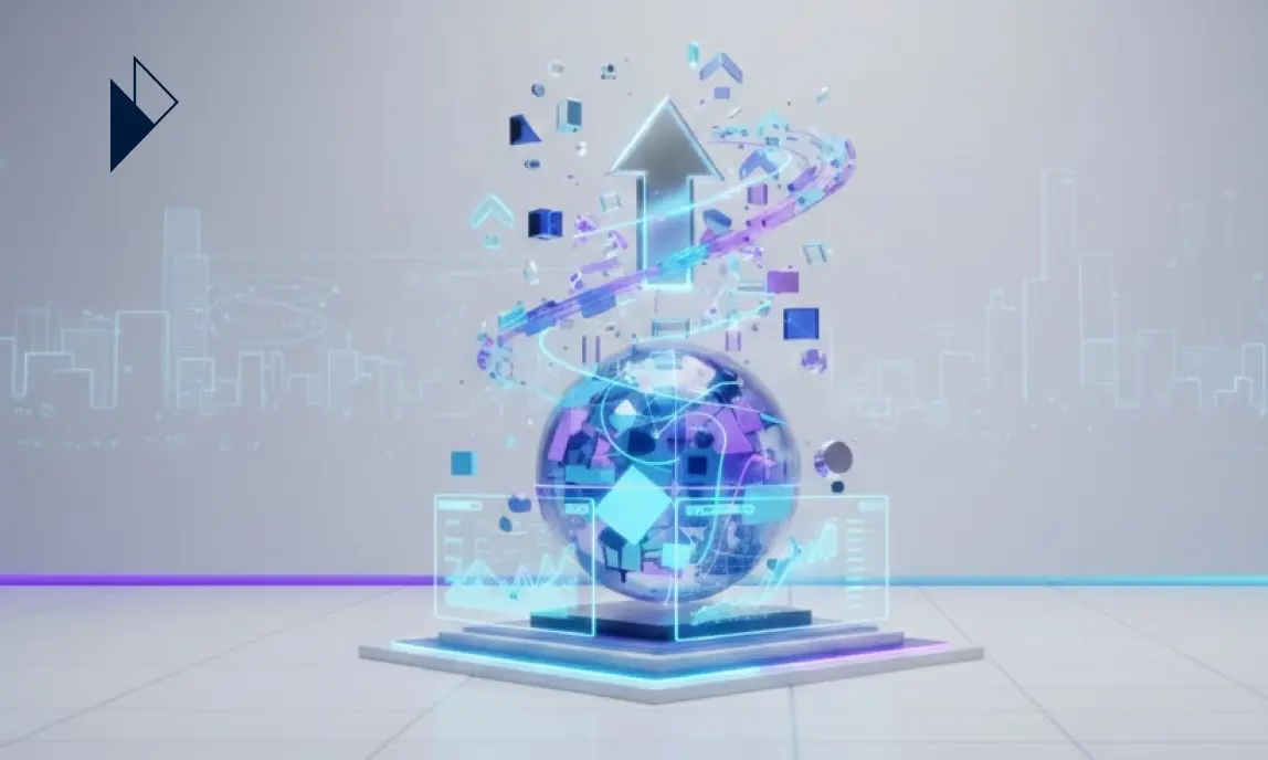 Abstract 3D illustration featuring a digital globe, an upward-pointing arrow, and floating interface charts against a city background.