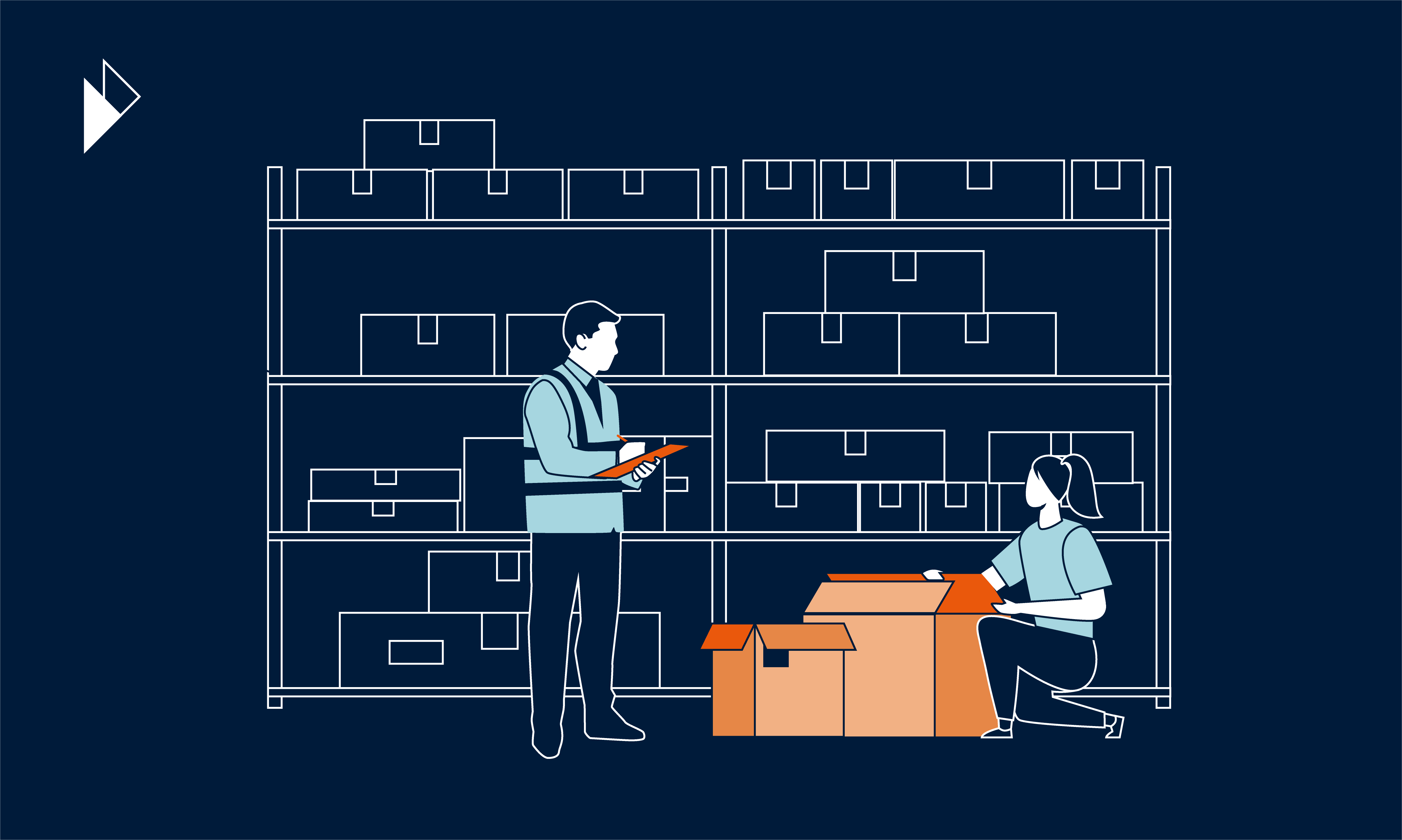 Header image for blog post- Demystifying pre-shipment: What it means for your e-commerce business. Image depicts shelves and people with boxes in a warehouse, preparing orders for delivery. 