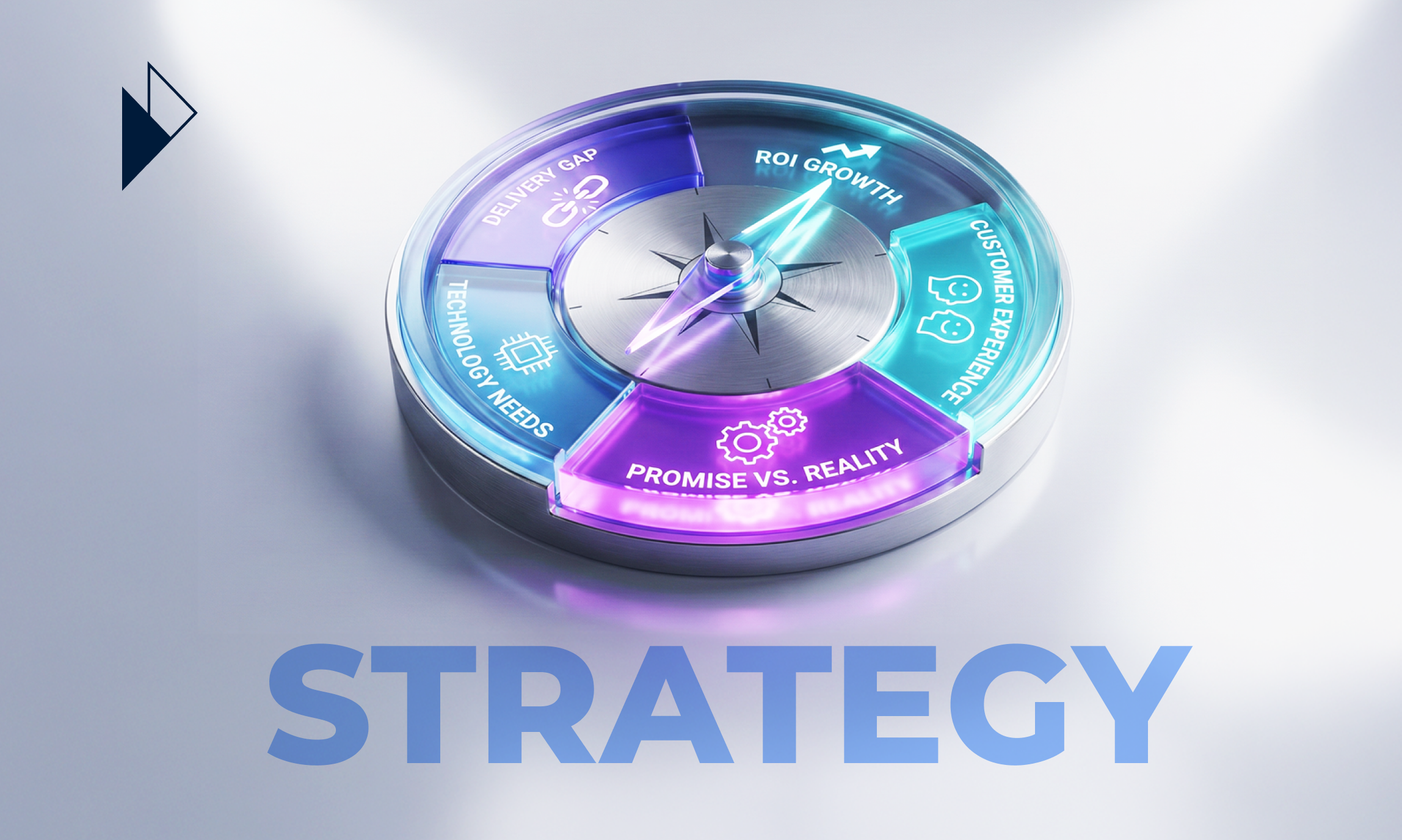 3D graphic of a glowing central AI orb surrounded by floating glass panels showing data for Delivery, Checkout, and Returns above the word METRICS.