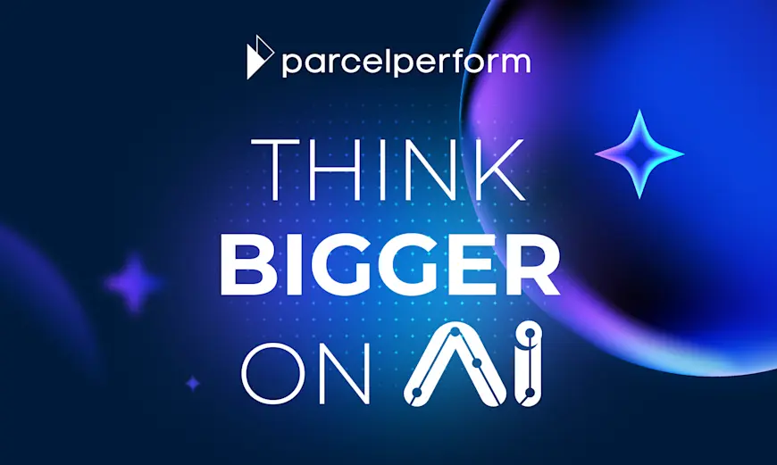 A dark blue and purple abstract background with the Parcel Perform logo in white at the top right. The text 'THINK BIGGER ON Ai' is prominent in large white capital letters. The 'A' and 'i' in 'Ai' are stylized with interconnected nodes, resembling a neural network. Abstract glowing star-like shapes and a large orb are in the background. This image accompanies an article announcing Parcel Perform's new AI Decision Intelligence platform, designed to help e-commerce businesses enhance their delivery experience and succeed in the era of AI Commerce by achieving operational excellence and building consumer trust.