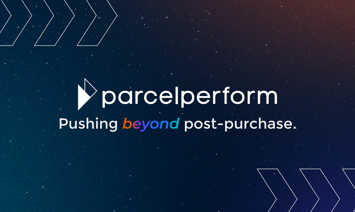 This image contains Parcel Perform's branding elements. It has the name, logo, and tagline, which is pushing beyond post-purchase. It has a futuristic look, with dots that represent stars in space. The theme is looking towards the future.  