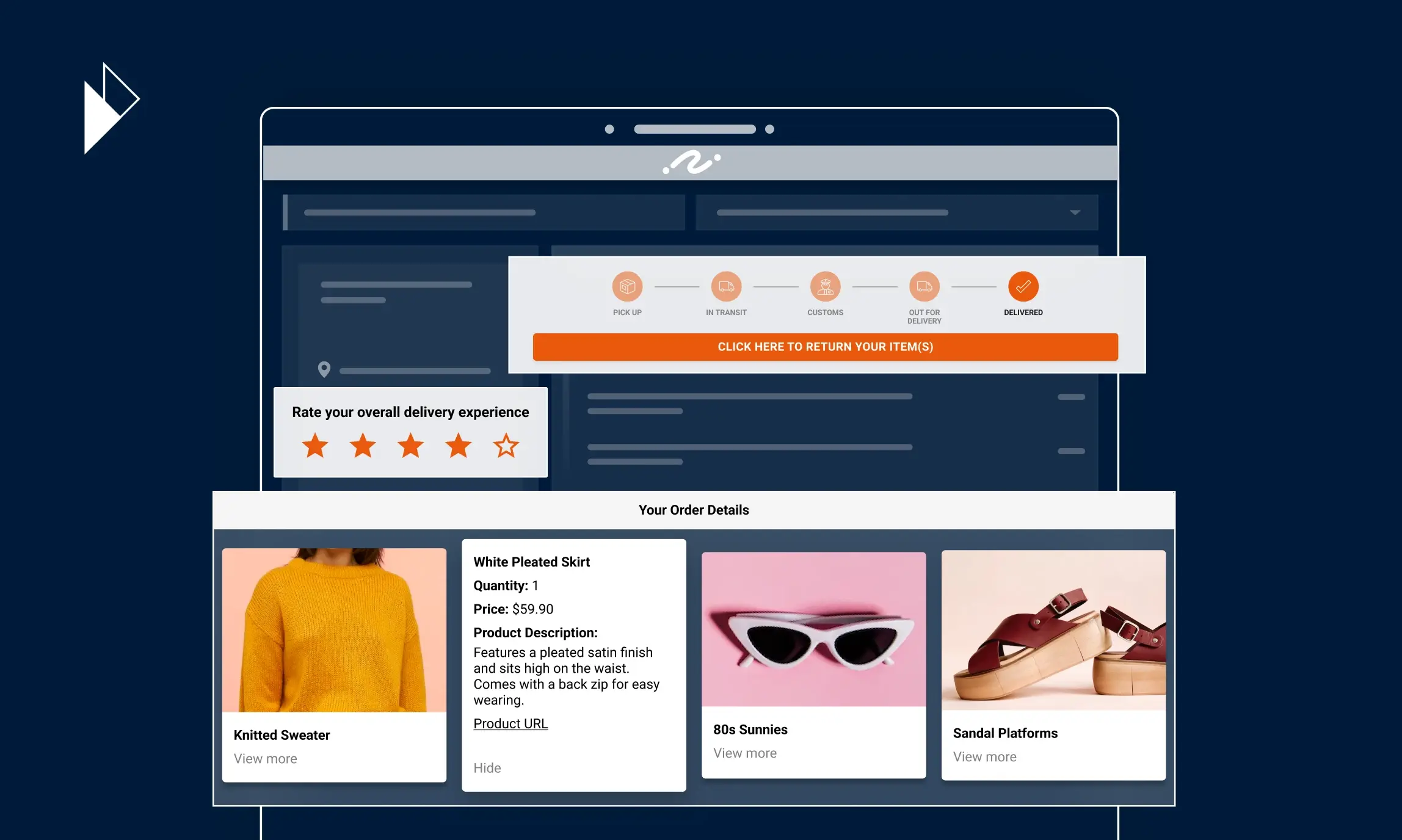 Parcel Perform's ENGAGE and NOTIFY modules are powerful tools that help merchants upsell and cross sell when engaging end-consumers during the post checkout phase. This image illustrates that with a pictures of the Parcel Perform tracking page with status updates, delivery experience ratings, and line items feature that depicts the products that the consumer has purchased.  