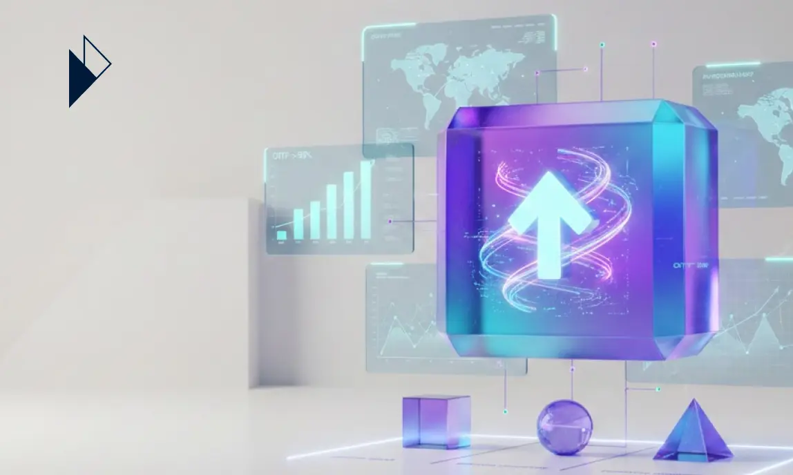 3D glowing blue arrow inside a glass cube surrounded by floating digital interfaces showing world maps and data charts.