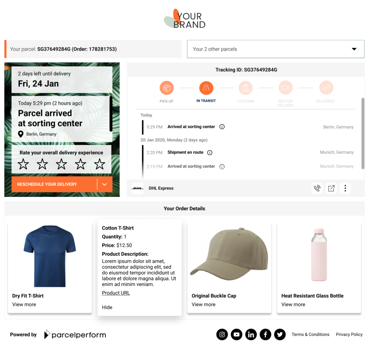 Order item details about the shipment in tile view 