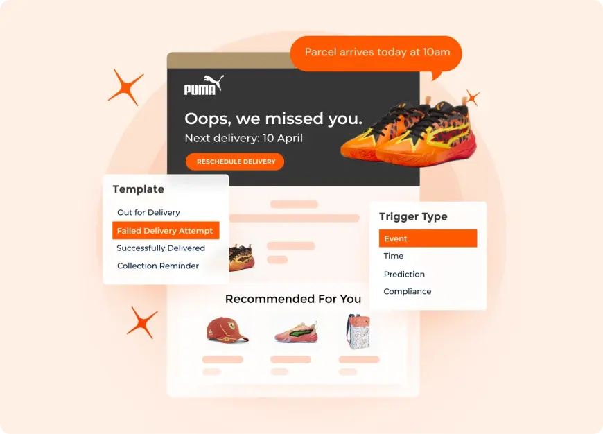 Parcel Perform post-purchase branded notification for customer Puma, showing proactive notifications for delivery delay