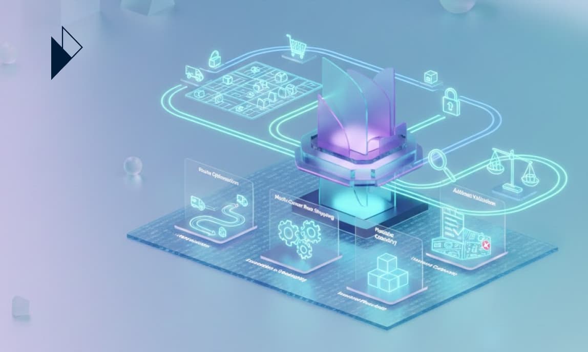 3D isometric illustration of a digital logistics hub with glowing icons for route optimization, shipping, and validation.