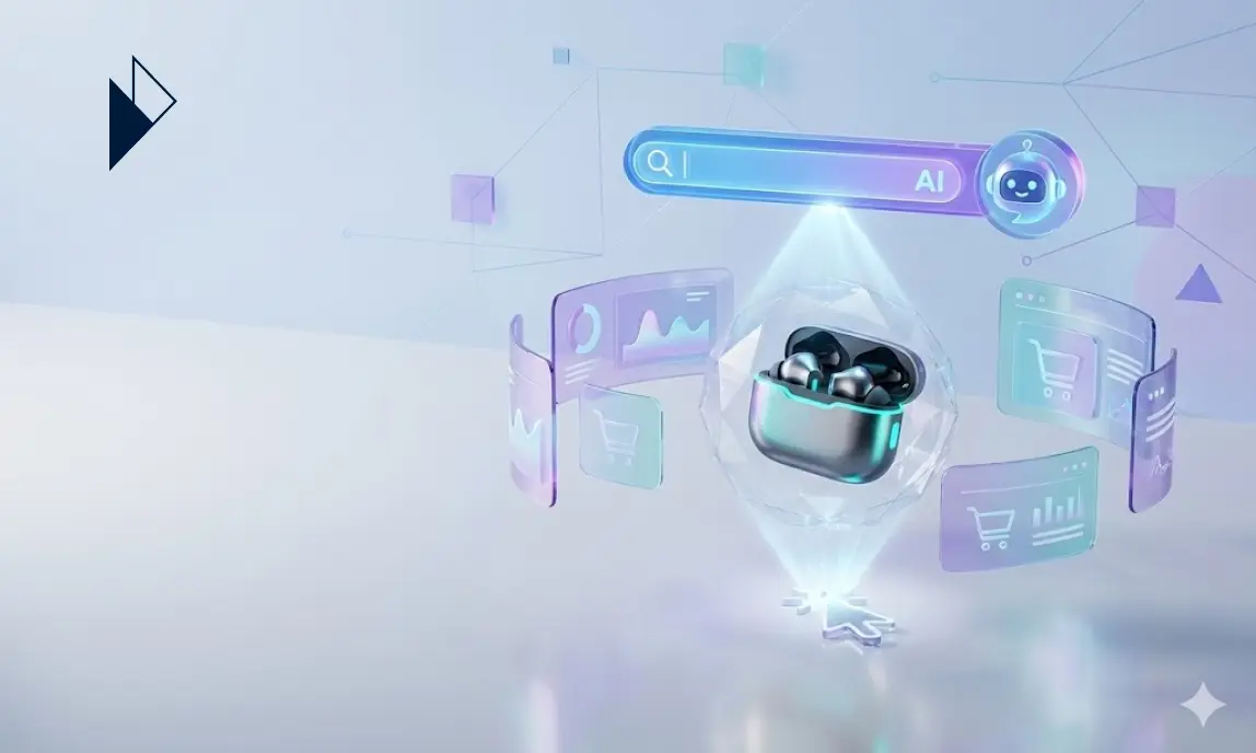 3D illustration showing earbuds inside a floating crystal, surrounded by analytics charts and an AI-powered search bar.